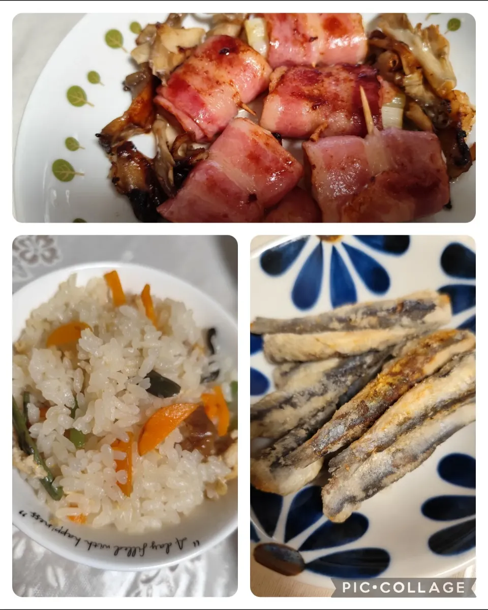 白ネギベーコン巻き焼き舞茸も、山菜炊き込みご飯、小鰯唐揚げ残り、他きゅうり、手羽先残りもだけど写真なしです|m.rafuさん
