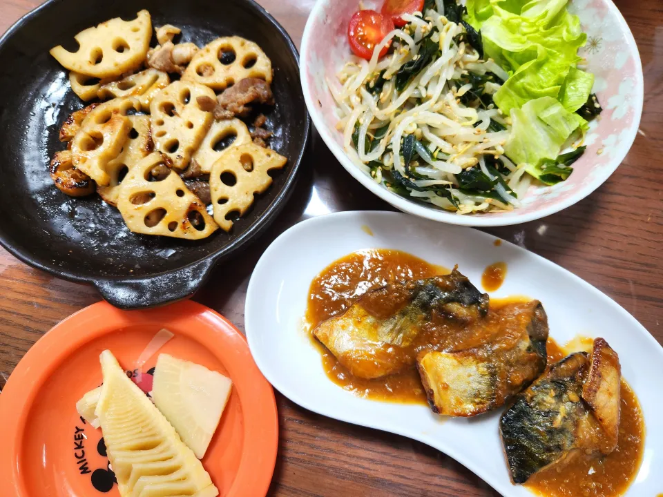 さばの味噌煮、れんこん炒め、モヤシサラダ、筍煮|みーさん