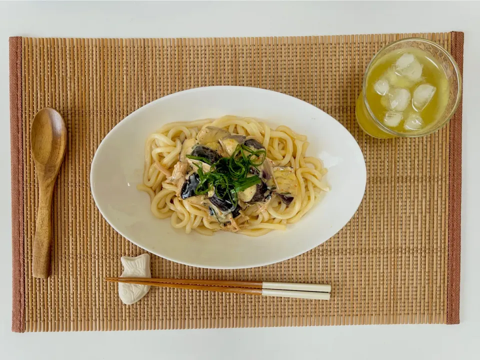 茄子の旨辛マヨぽんうどん¨̮⃝|自炊始めたよんさん