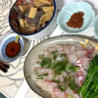 鯛の昆布締めと筍と鳥蒟蒻の煮物|卍さん