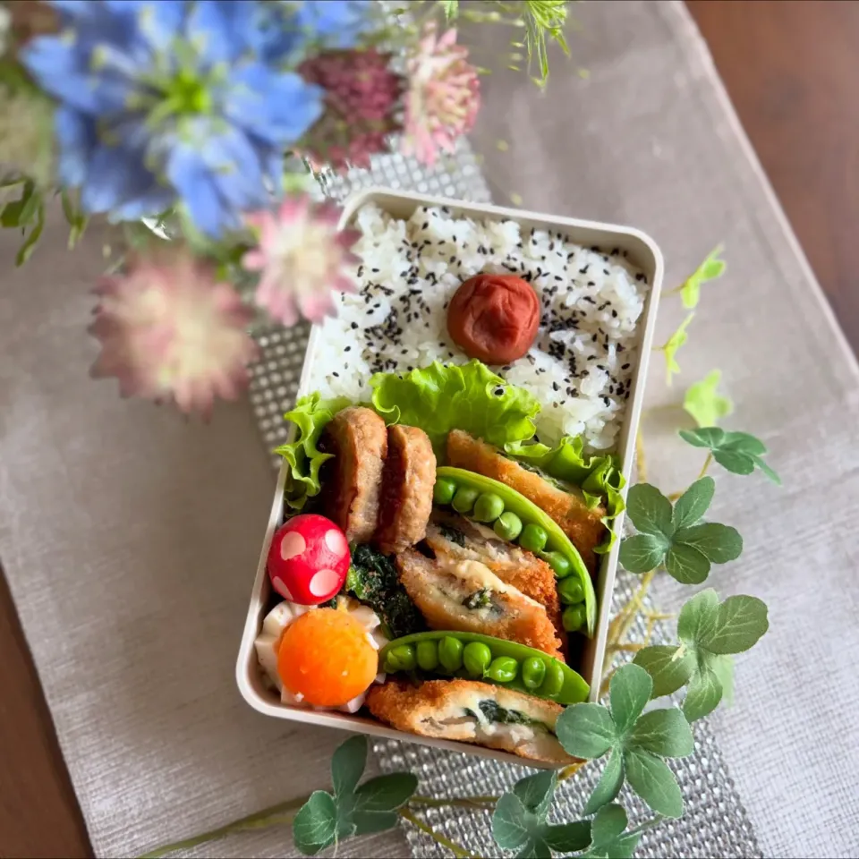 4/22❤︎主人のお弁当

＊チーズ＆ほうれん草サーモンカツレツ
＊ミニハンバーグ
＊半熟たまご
＊ほうれん草の胡麻和え|Makinsさん
