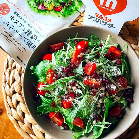 「キヌアと雑穀のみそチーズ風味」を使ってみたSnapdishの料理・レシピ写真:🥗ロメインレタスと水菜とザクロの発酵デリサラダ🥗