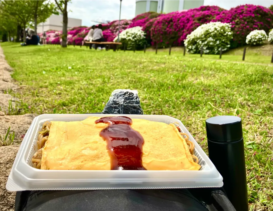つつじ🌺撮影に                                                          自作「オムそば弁当+小さなおむすび🍙」|mottoさん