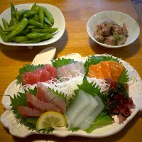 刺身の盛り合わせと、枝豆と、砂ずりの塩だれ|もえさん