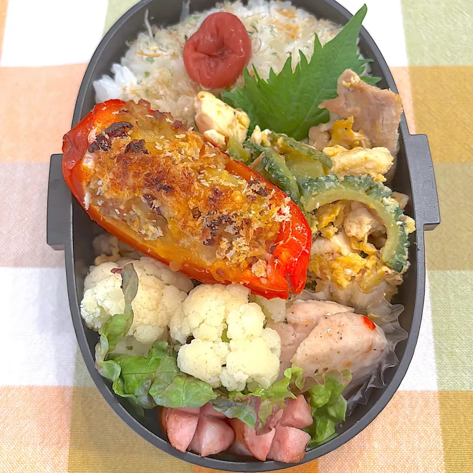0424 ゴーヤチャンプルーとカレー風味のパプリカカップ焼き　男子高校生弁当|Riieeさん