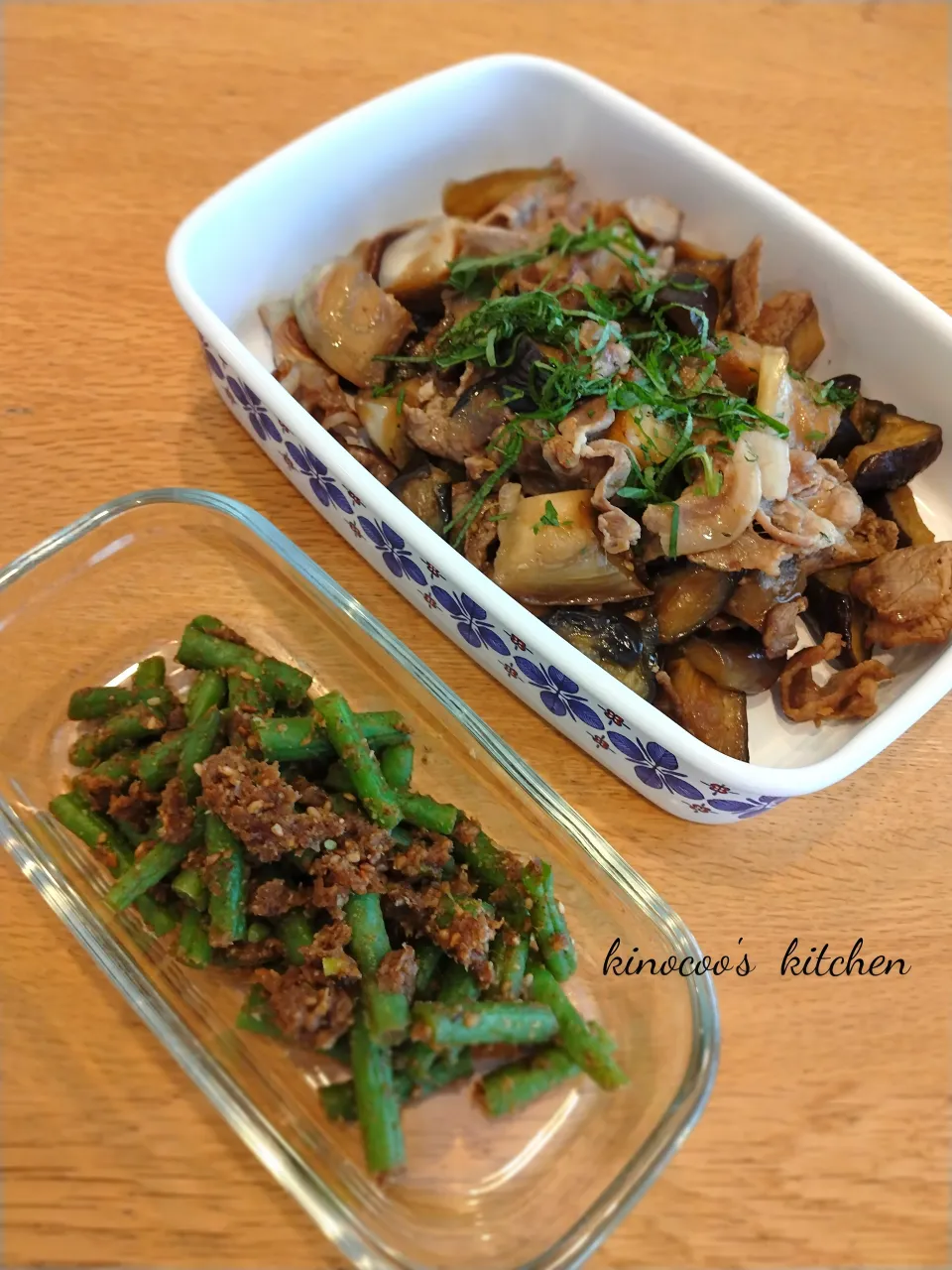 ☆常備菜☆いんげんかつおゴマ和え、ナスと豚バラのポン酢炒め|kinocooさん