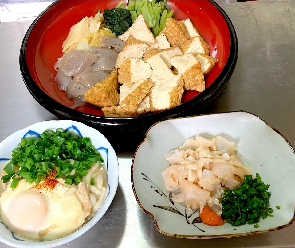 おでんの残り汁フル活用の独り晩酌 含め煮、うどん、活き白ミル貝の造り|🐈⸒⸒⸒⸒つるのダンス🐈🐾さん