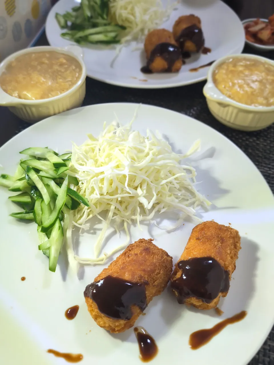 クリームコロッケ＆サラダ＆卵あんかけ豆腐|テケテケさん