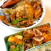 おっさんワンプレート&弁当　パスタ　揚げ餃子　味噌田楽　🎃　青椒肉絲　さけ|ひげおやじさん