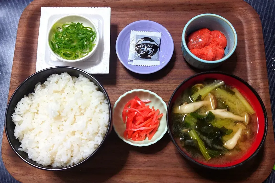 今日の朝ごはん（ごはんはあきたこまち、辛子明太子、のり佃煮、納豆、タアサイとぶなしめじとわかめのみそ汁、岩下の紅生姜）|Mars＠釜飯作り研究中さん
