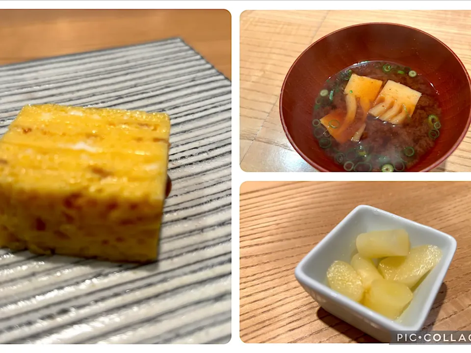 寿司コース⑤タマゴ・みそ汁・おまけのガリ|山勝さん