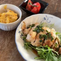 油淋鶏・カボチャサラダ・トマトと大葉の和物・中華スープ・ご飯|ちびろ菌さん