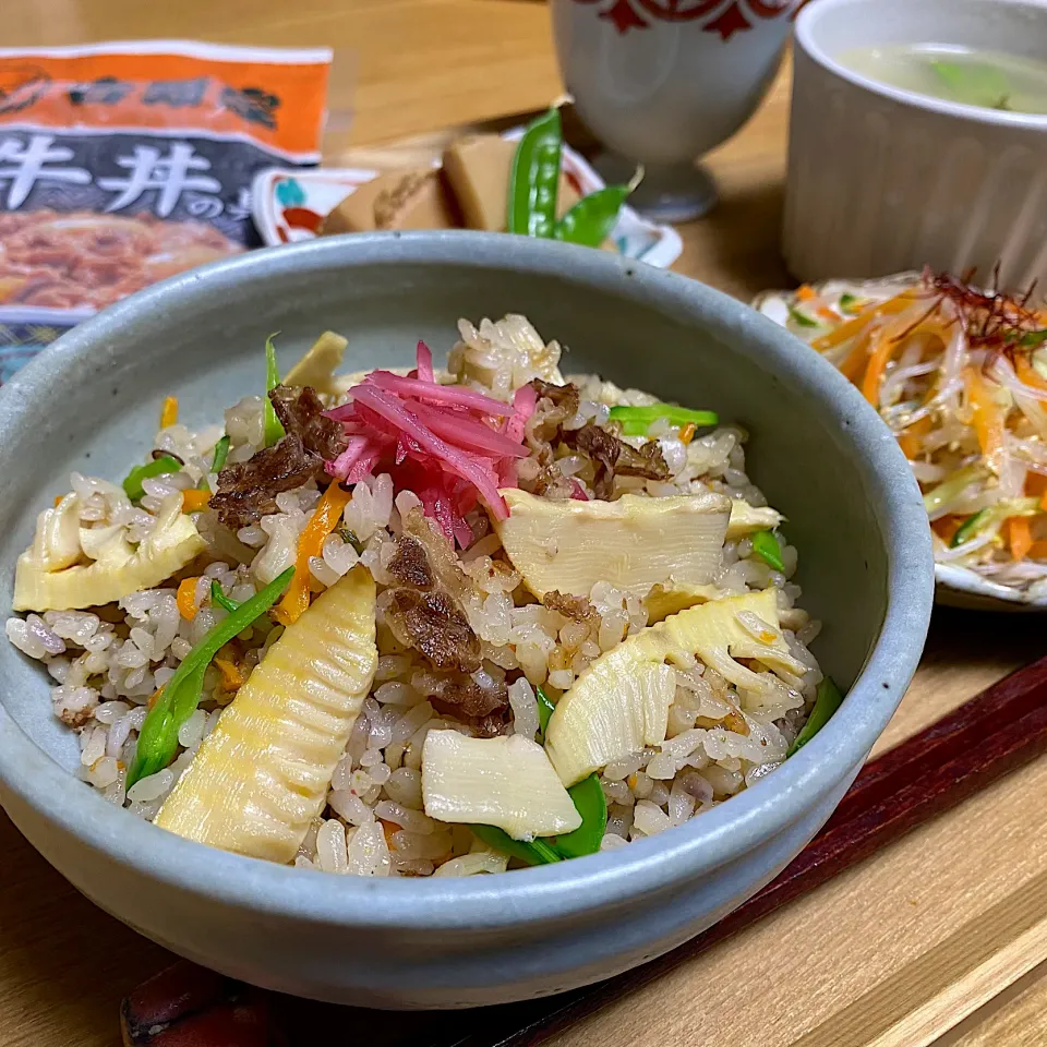 牛丼の具の季節のお野菜（筍と絹さや）の炊き込みご飯|sakurakoさん