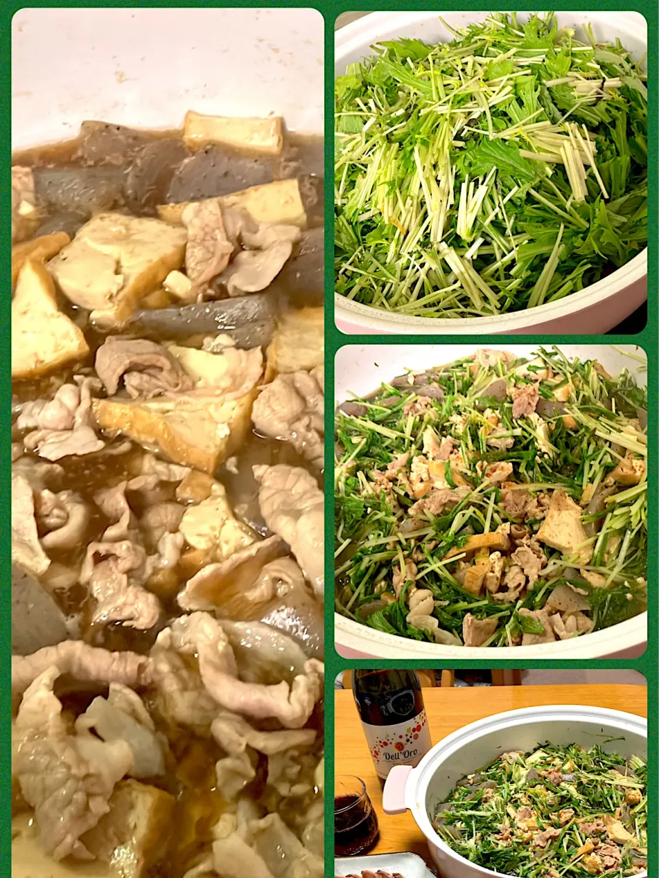手抜きにはこの鍋が一番😋🍲✨【はりはり鍋】京揚げや肉厚油揚げは厚揚げで代用、クジラオバイケは豚コマ肉で代用、こんにゃくの薄切り入れてくつくつ煮て仕上げに壬生菜は水菜で代用して、最後に一味ふりかけたら終了 今は水菜の時期なので畑採れの水菜です 牛🐃🐂🐄の餌ほどある感じ😅 煮たら少しになって安心😂|🐈⸒⸒⸒⸒つるのダンス🐈🐾さん