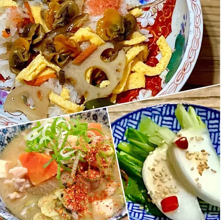 「モガイの混ぜ寿司」
頂き物の お寿司に 豚汁と
常備菜を添えて 昼ごはん|ばくあんしゃさん