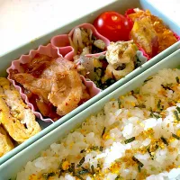 おっさん弁当　🎃🍠　🍅　俺のチンピラ　きりざい　焼き肉　卵焼き|ひげおやじさん