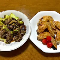 鳥キモの野菜炒めと手羽先の塩焼き❗️（＾ω＾）✨