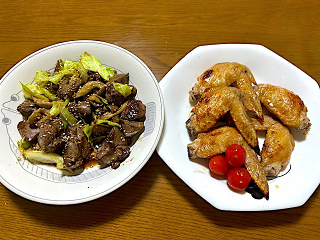 鳥キモの野菜炒めと手羽先の塩焼き❗️（＾ω＾）✨|サソリさん