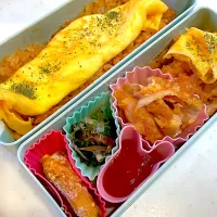 おっさん弁当　オムライス　手羽元のチリソース　🎃　ほうれん草|ひげおやじさん