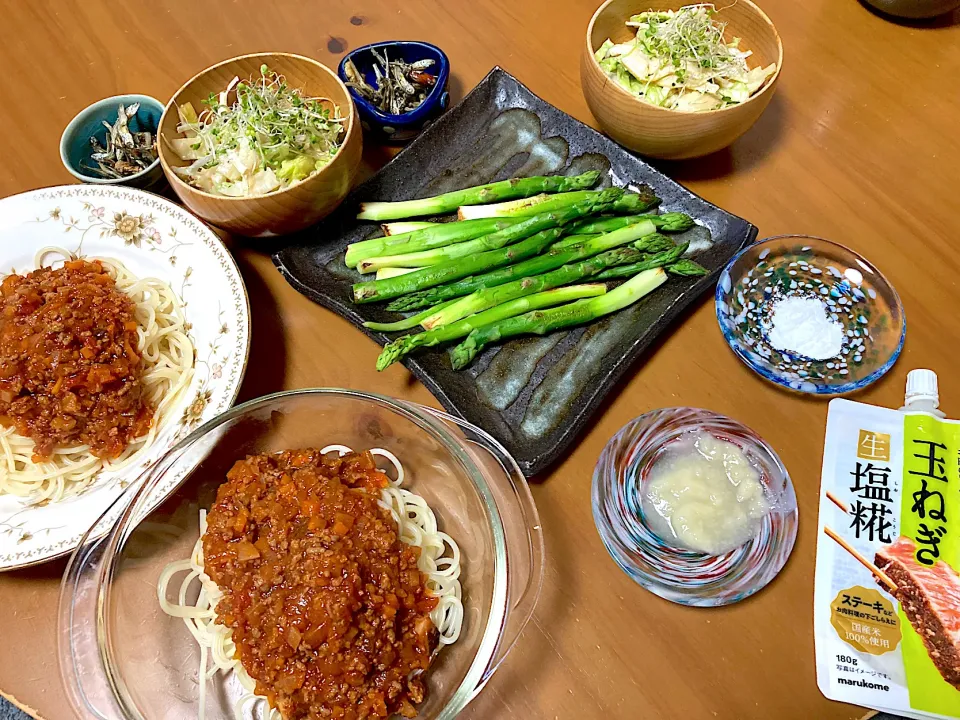 ミートソース🍝筍サラダ、焼きアスパラ|さくたえさん