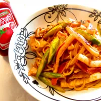 沖縄県産島とうがらし入りトマトケチャップで、イカのスパゲッティ| Yasuo  Watanabeさん