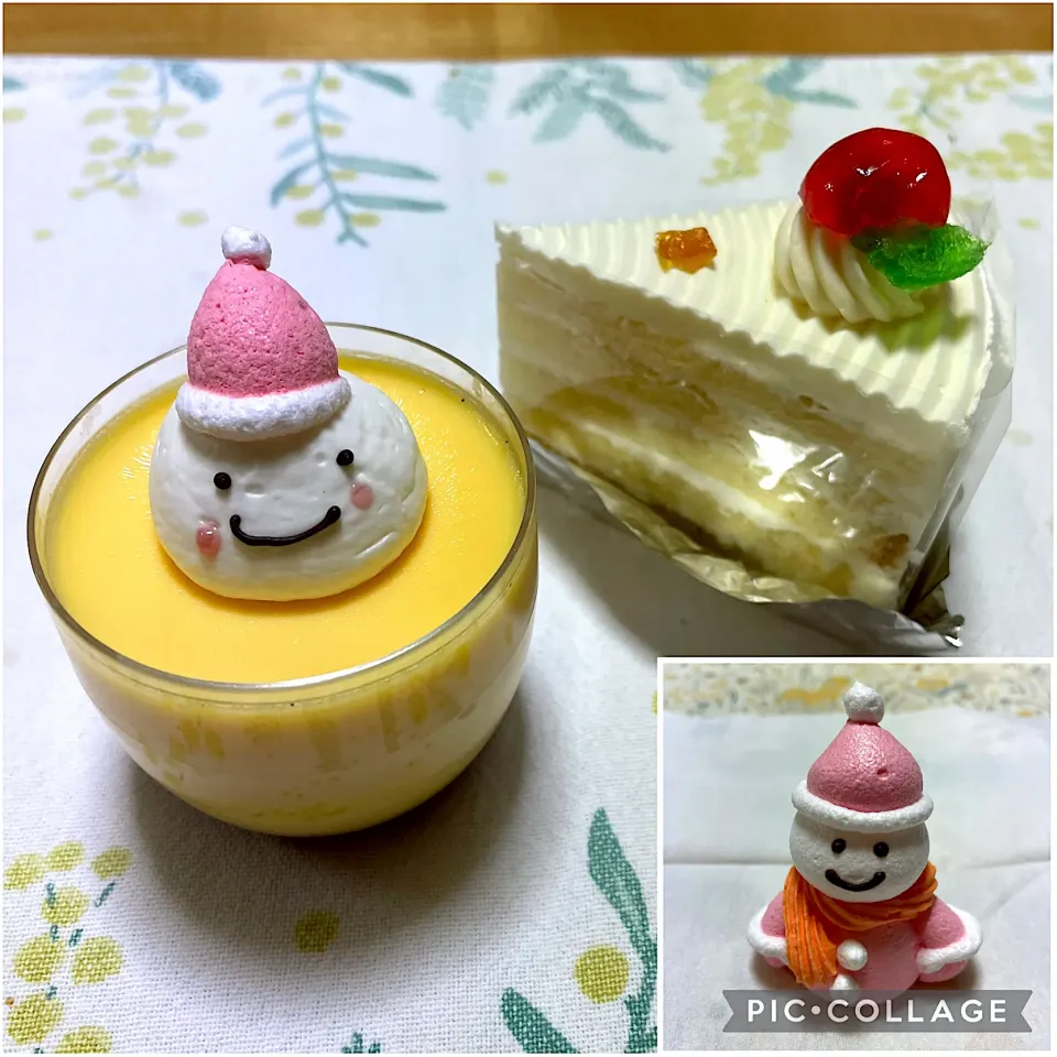 カスタードプリン、ホワイトバターケーキ、サービスのメレンゲ|こいちさん