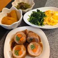 ☆豚ロースの野菜巻　☆ポパイエッグ　☆かぼちゃ煮　☆わらび煮浸し|chikakoさん
