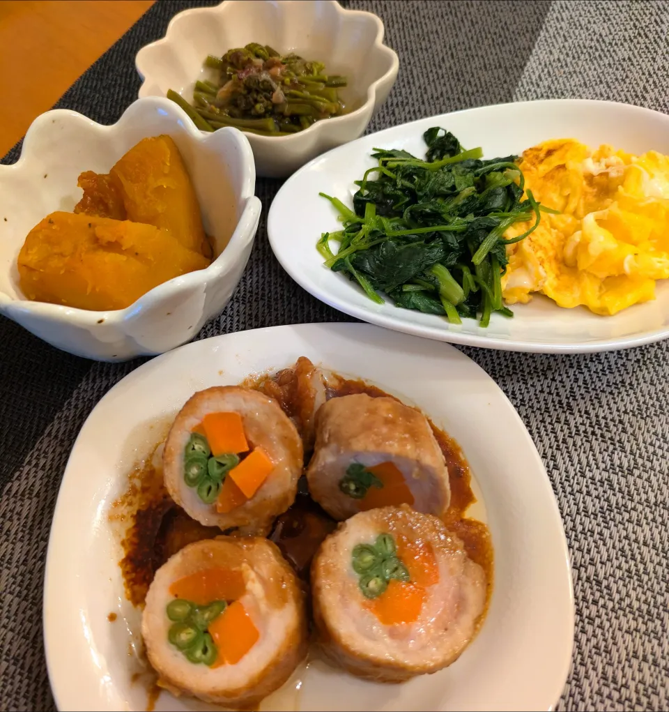 ☆豚ロースの野菜巻　☆ポパイエッグ　☆かぼちゃ煮　☆わらび煮浸し|chikakoさん
