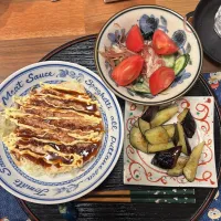 キャベツ焼き　焼き茄子　ワカメとキュウリの酢の物|くろさん