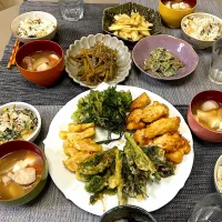 山菜天ぷら、うど皮きんぴら、うど酢味噌和え、こごみ味噌マヨ和え，味噌汁|kekekeさん