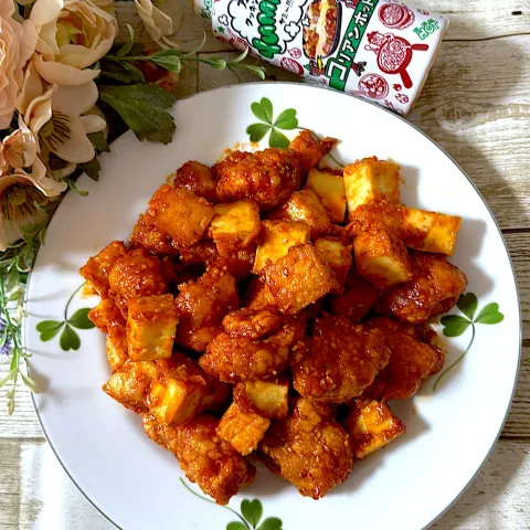 「ヤマサ 万能クッキングたれ Yummy! コリアンホット」を使ってみたSnapdishの料理・レシピ写真:Yummy!鶏肉と絹厚揚げのヤンニョムチキン✨