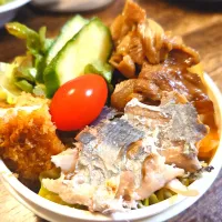 アジの塩焼きと豚の照り焼き弁当(*^^*)|しーPaPaさん