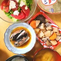 イワシの醤油煮缶詰、根菜の煮物、小松菜と油揚げの味噌汁、トマトとレタスとカッテージチーズのサラダ|さきさん