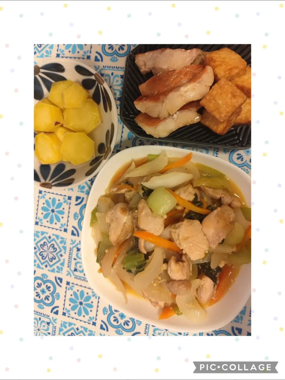 夜ご飯(鶏と野菜のコリアンホットマヨ炒め煮、赤魚と厚揚げ煮、さつまいも蜂蜜レモン煮)|m.rafuさん