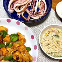 イカ、鶏肉のカシューナッツ炒め、春雨マヨサラダ|kaaaaaさん