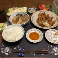 ご飯、焼き餃子2種(肉餃子,野菜餃子)、ミニおでん、マカロニサラダ、トマト、大根のなます、烏龍茶、チーズ専門ブランド『ロルフ』のレアチーズケーキ・国産マスクメロン(夕飯)|enarinさん