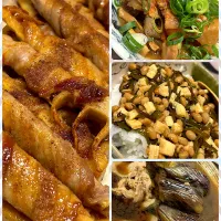 筍の豚肉巻き、茄子と豚肉煮、ネバネバ丼、牛すじ煮込み|amiさん
