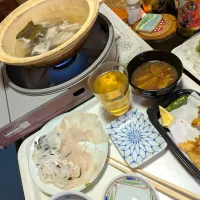 4/25(金)夕食。てっさ。てっちり。ふぐの唐揚げ。たけのこごはん。|へいちゃんさん