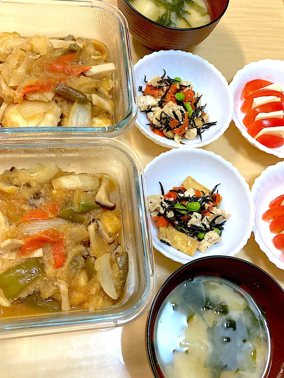 胸肉と野菜のみぞれ煮＆豆腐とひじきの炒り＆チートマ＆味噌汁|なおさん