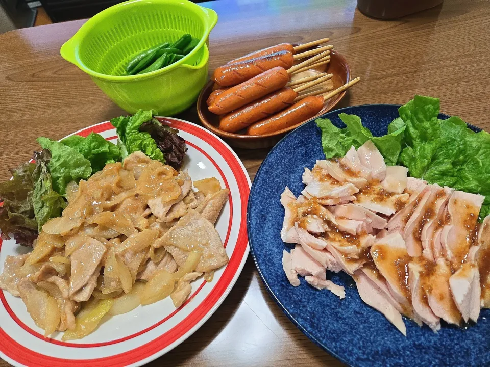 豚の生姜焼き・鳥むね肉のサラダ・スナップエンドウ🌺|chiyukiさん