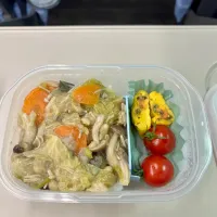 中華丼、明太大葉卵焼き、ミニトマト|むぎさん