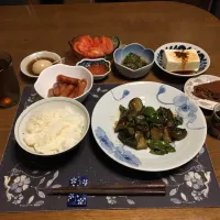 ご飯、なす味噌炒め、粗挽きウインナー炒め,ディップソース(ケチャップ+ねり辛子)、小松菜のお浸し、冷奴、トマト、麦茶、手作りのチョコケーキ&カシスジャムのせ牛乳ゼリー(夕飯)|enarinさん