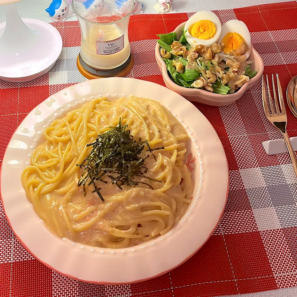 和風たらこパスタ＆水菜と卵とナッツのサラダ|めいさん