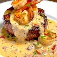 BentoFox's dish Medium rare steak top with a spicy Alfredo sauce and shrimp| BentoFoxさん