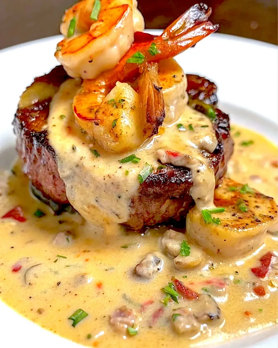 BentoFox's dish Medium rare steak top with a spicy Alfredo sauce and shrimp|BentoFoxさん