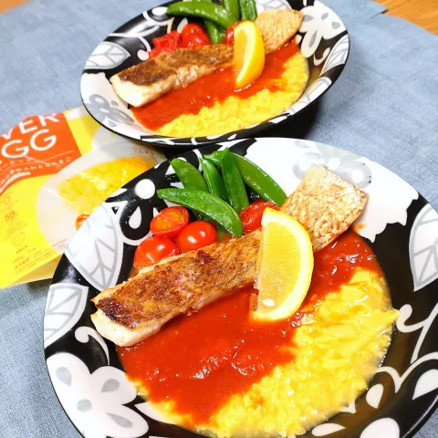 「エバーエッグ」を使ってみたSnapdishの料理・レシピ写真:エバーエッグで鯛のムニエルとトマトレモンバターソース