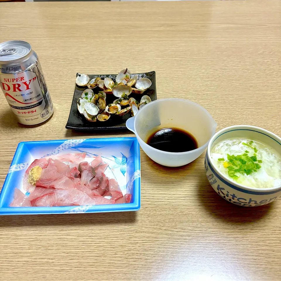 今日の晩酌　刺身、あさりの酒蒸し、スープ|藤沢豪さん