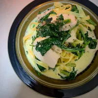 のらぼう菜と鶏ハムのタリアテッレ・バニーマスタードクリーム|KimaLABOさん