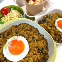 ロウカット黑米玄米大豆ミートキーマカレー　現場弁当　目玉焼き🍳　ブロッコリー🥦コールスローサラダ　越のルビー🍅|まゆさん