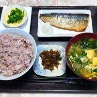 今日の朝ごはん（雑穀ごはんに焼きサバ、納豆、ほうれん草と玉子のみそ汁、高菜漬け）|Mars＠釜飯作り研究中さん